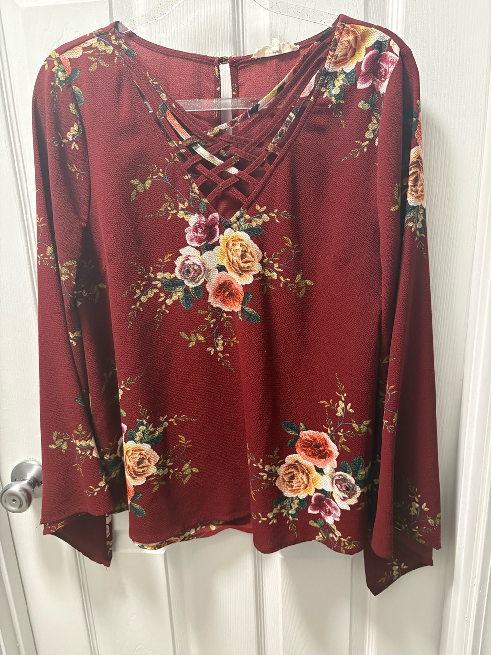 entro Burgundy Floral Crisscross V-Neck Blouse
